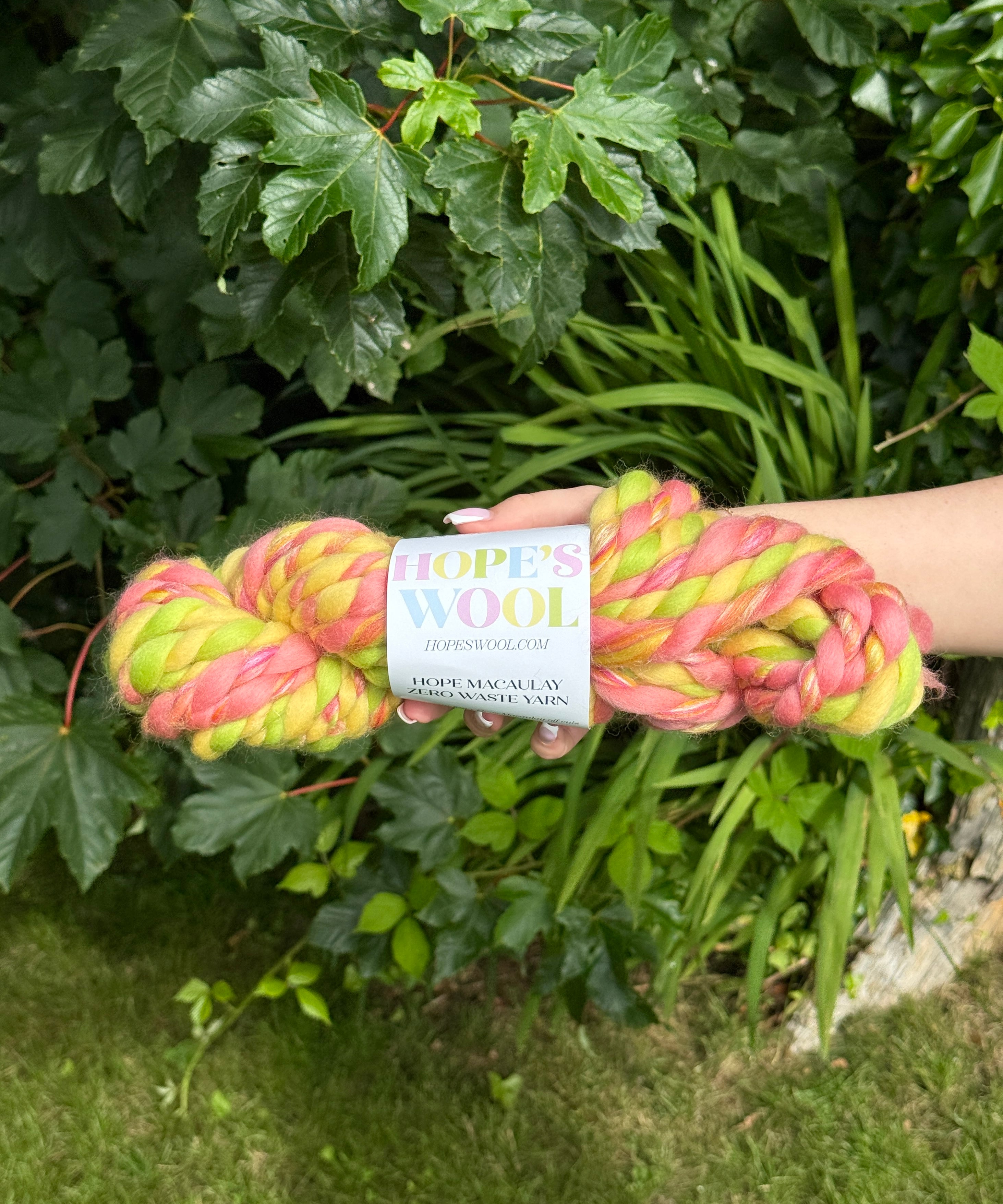 Skein of pink and green yarn held in front of a green leafy background