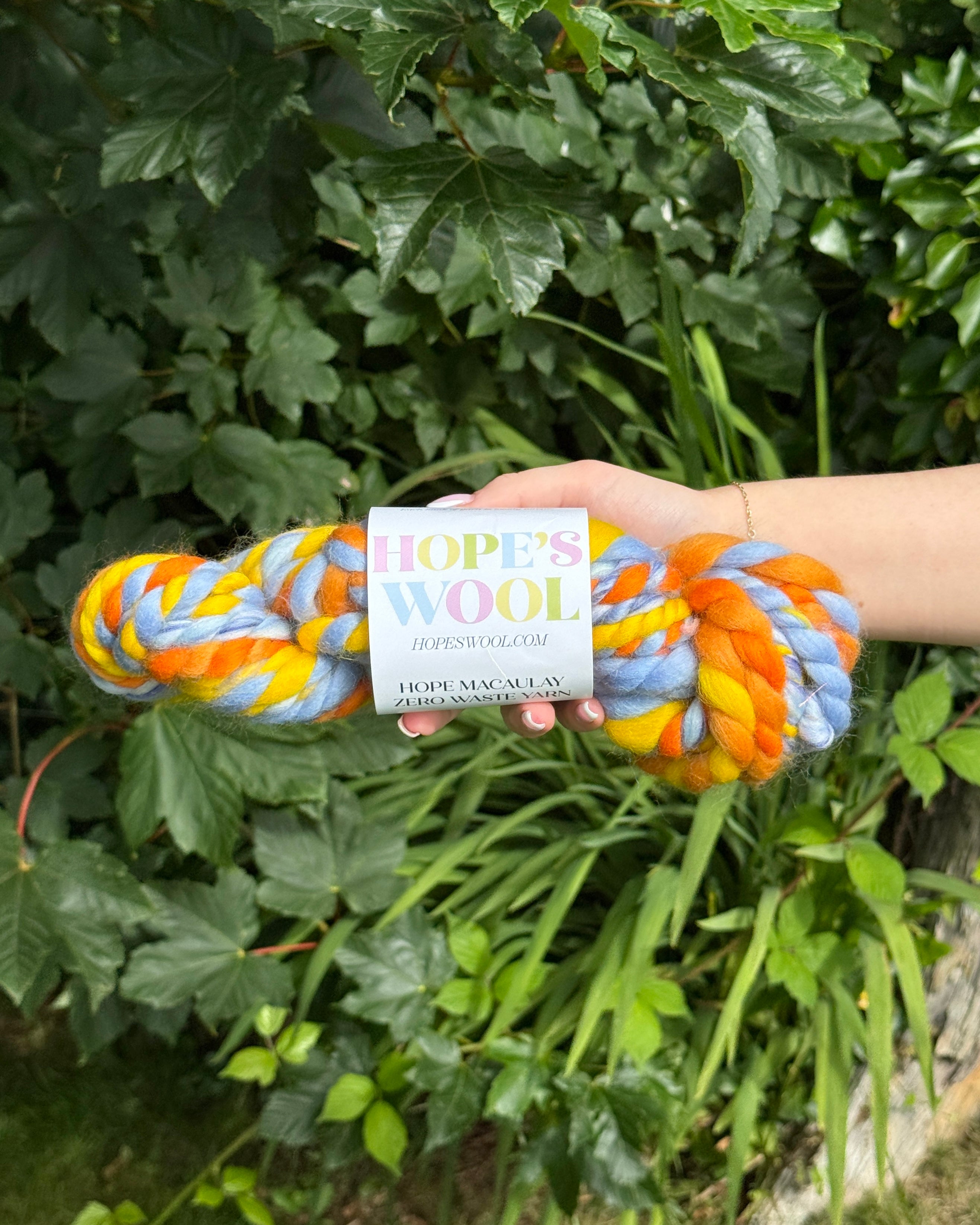 Colorful skein of yarn held by a hand with a green leafy background