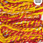 Handspun yarn in red, yellow, and orange on a white background with 'Handspun in Northern Ireland' text.