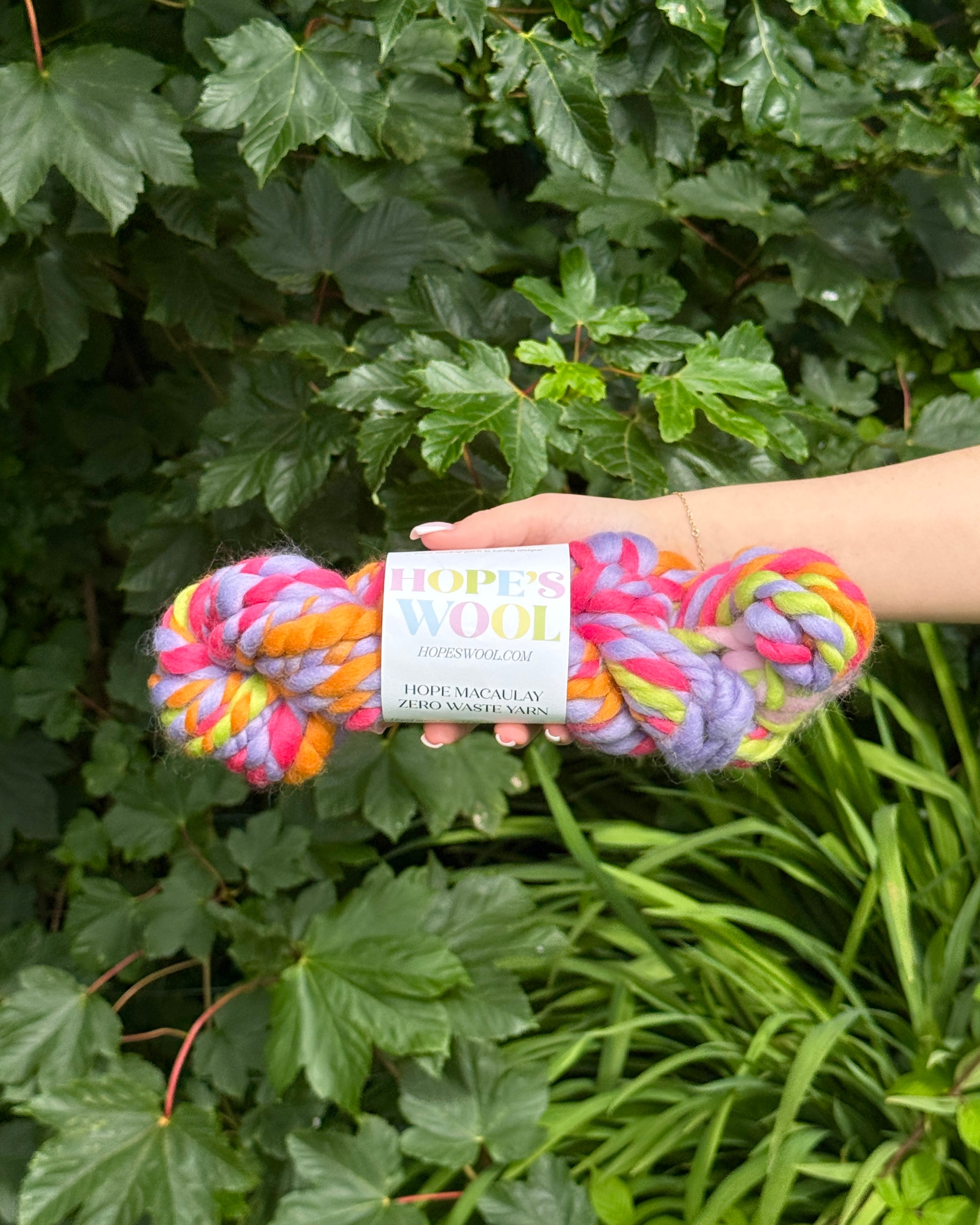 Colorful skein of yarn held in front of a green leafy background
