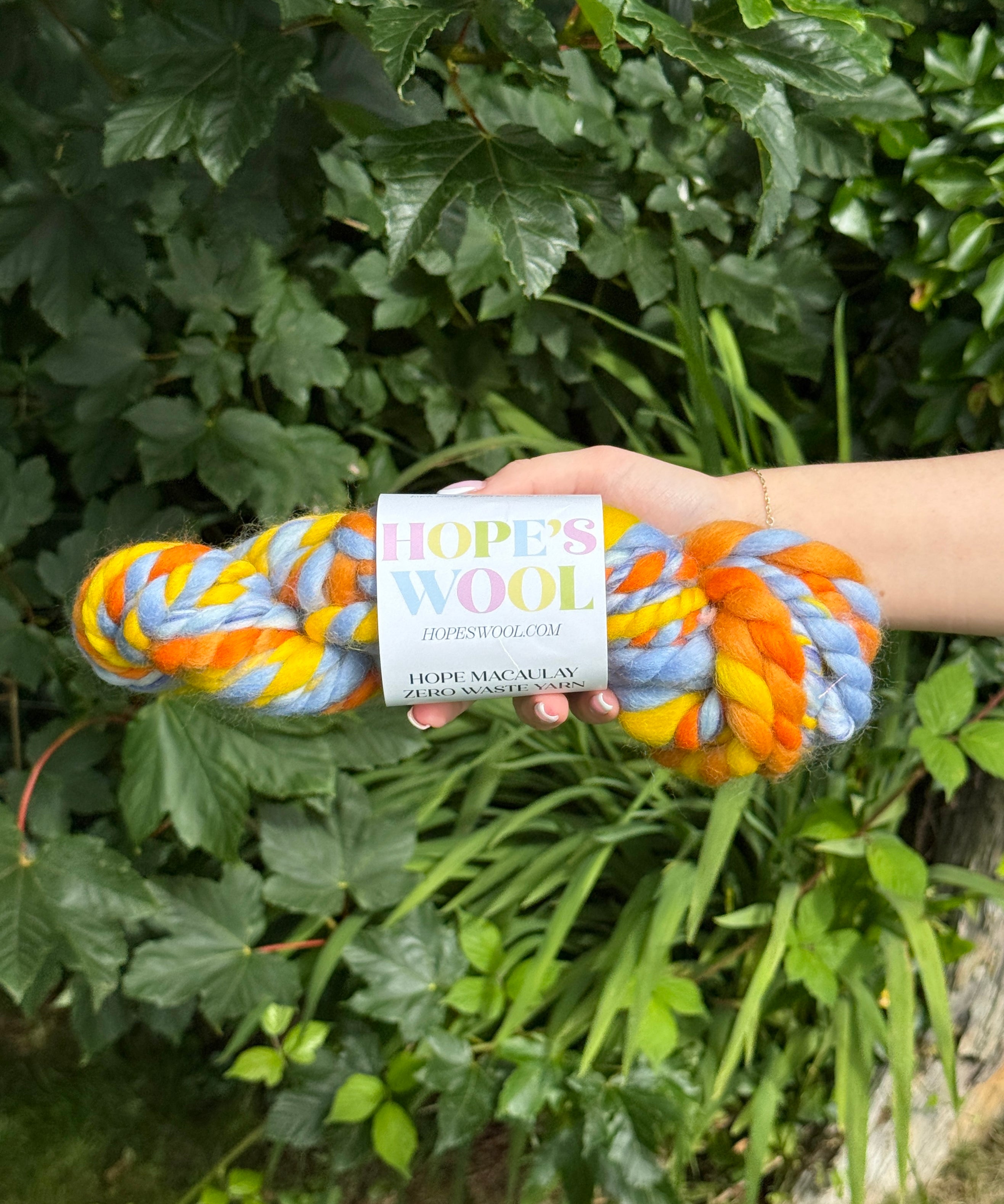 Colorful skein of yarn held by a hand with a green leafy background