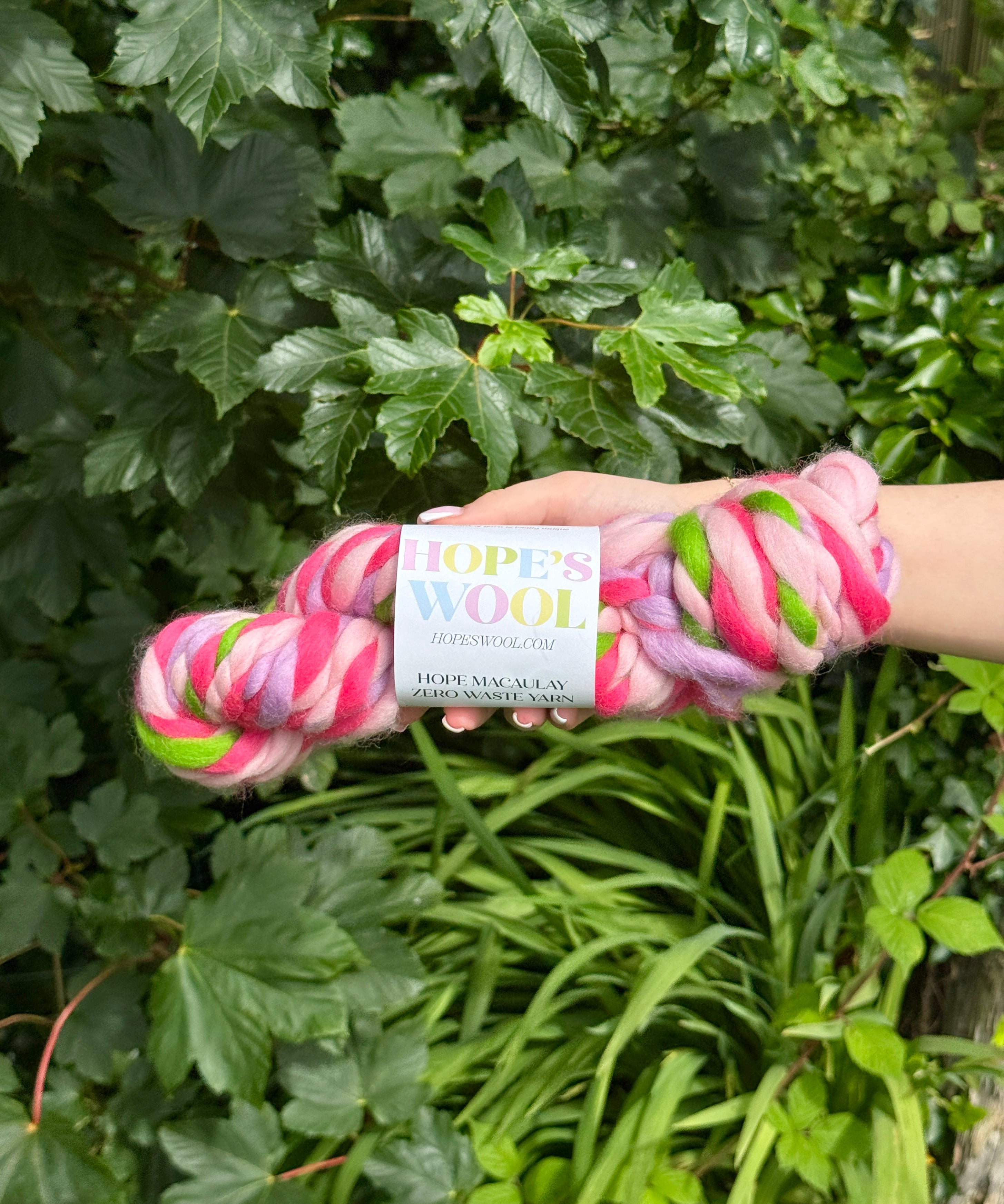 Pink and green skein of yarn held by a hand with a green leafy background