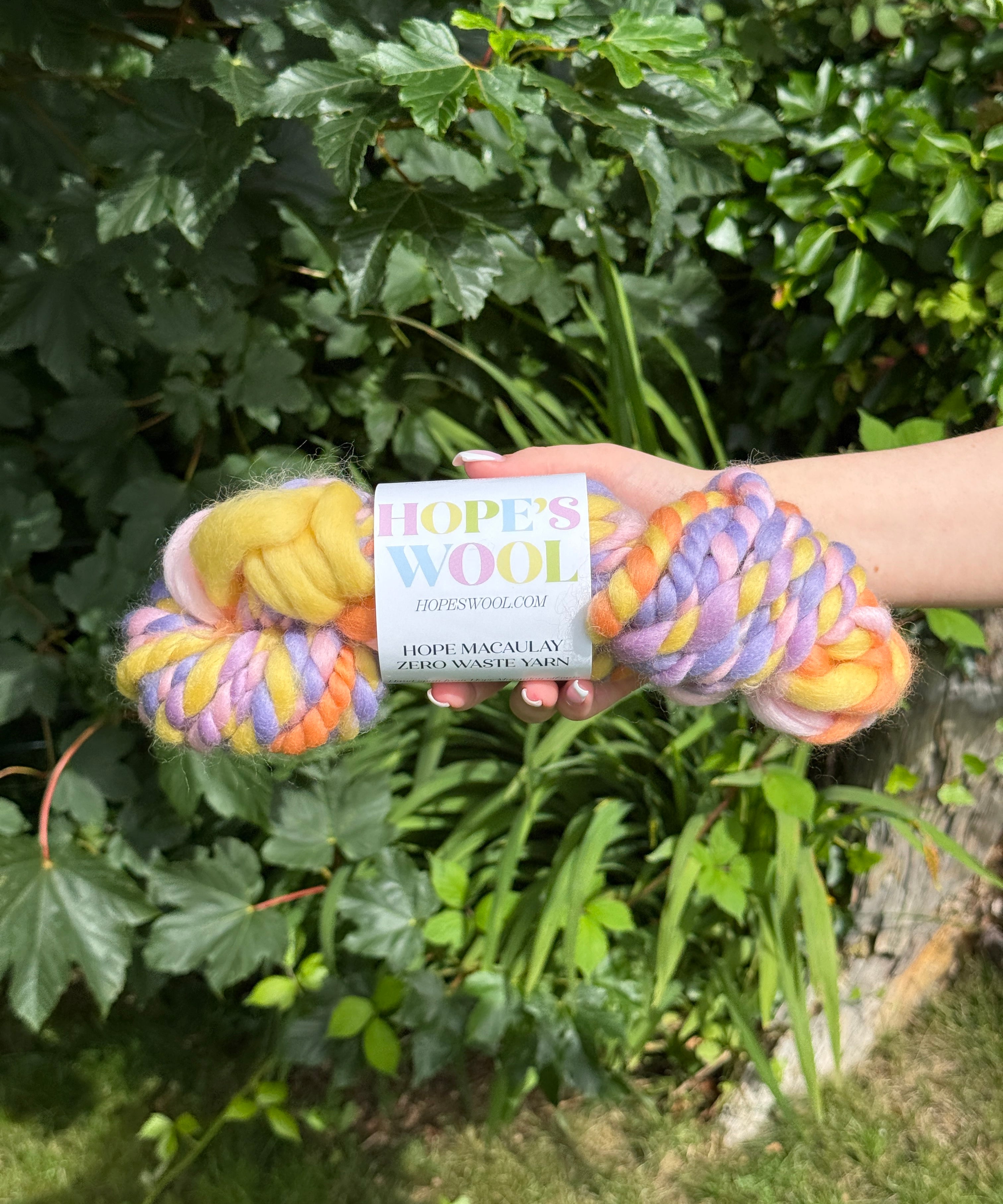 One skein of colourful yarn held by a hand with a 'Hope's Wool' label against a green leafy background.