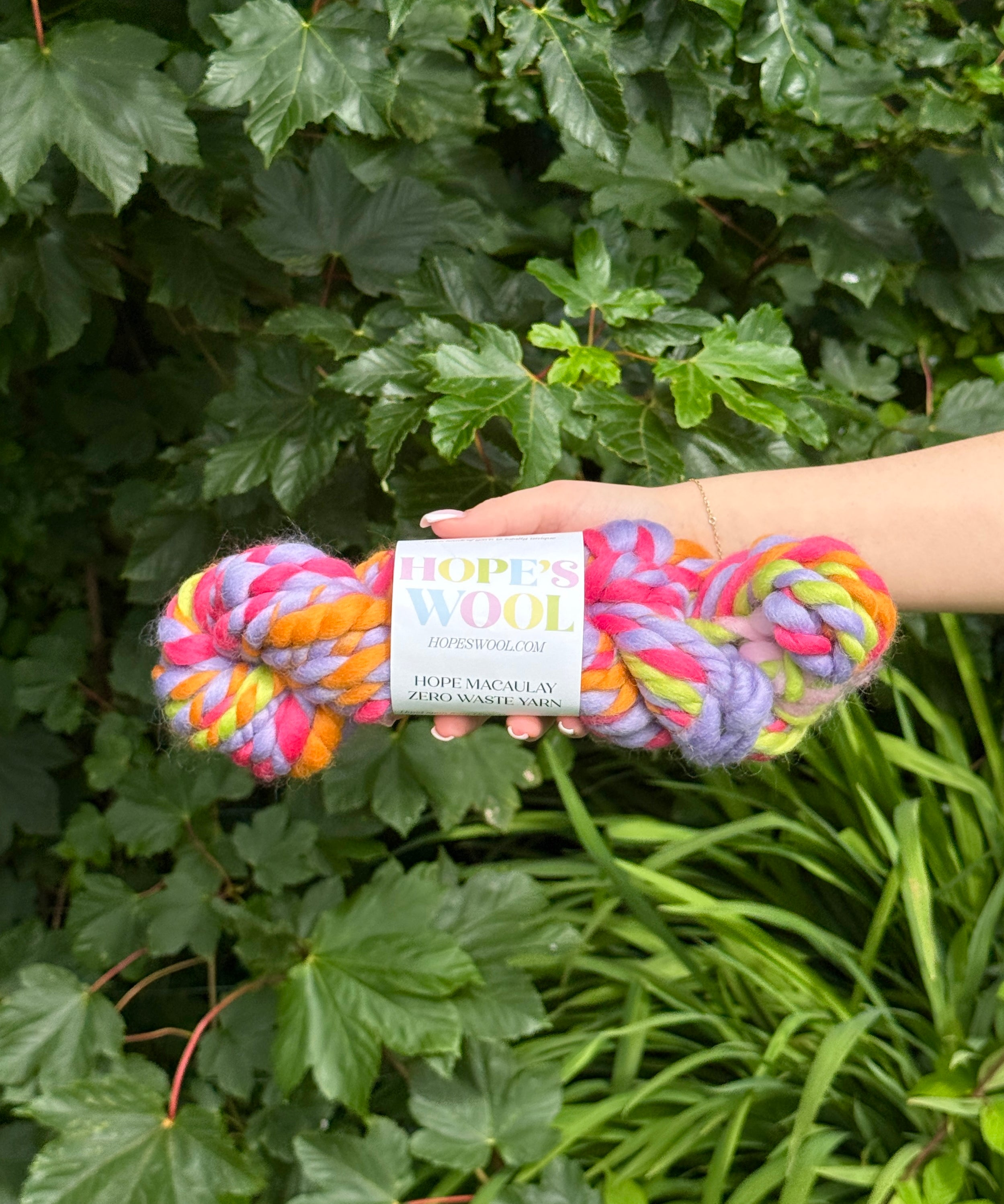 Colorful skein of yarn held in front of a green leafy background