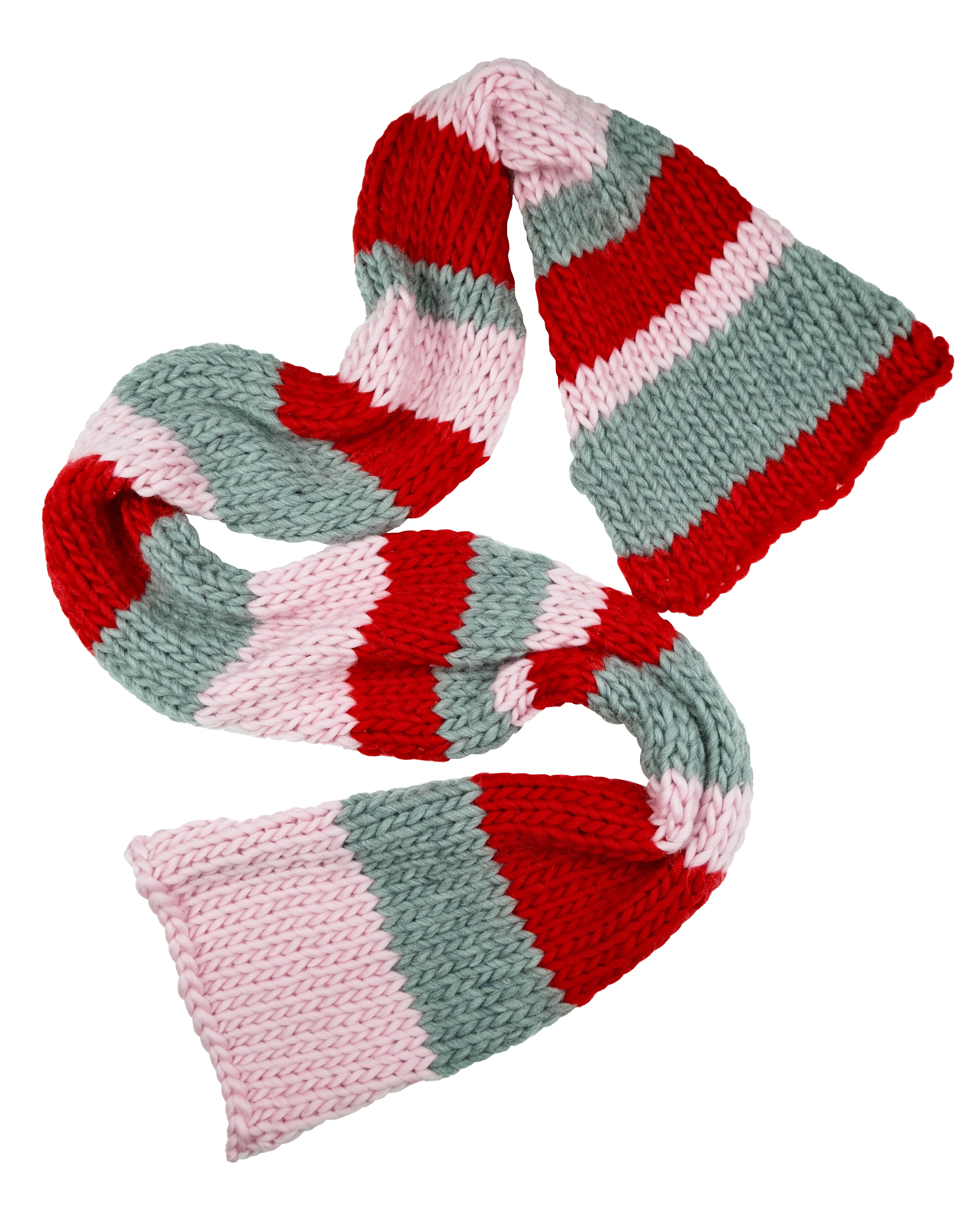 A colorful knitted scarf with red, pink, and grey stripes.