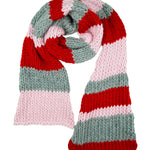 A colorful knitted scarf with red, pink, and grey stripes.