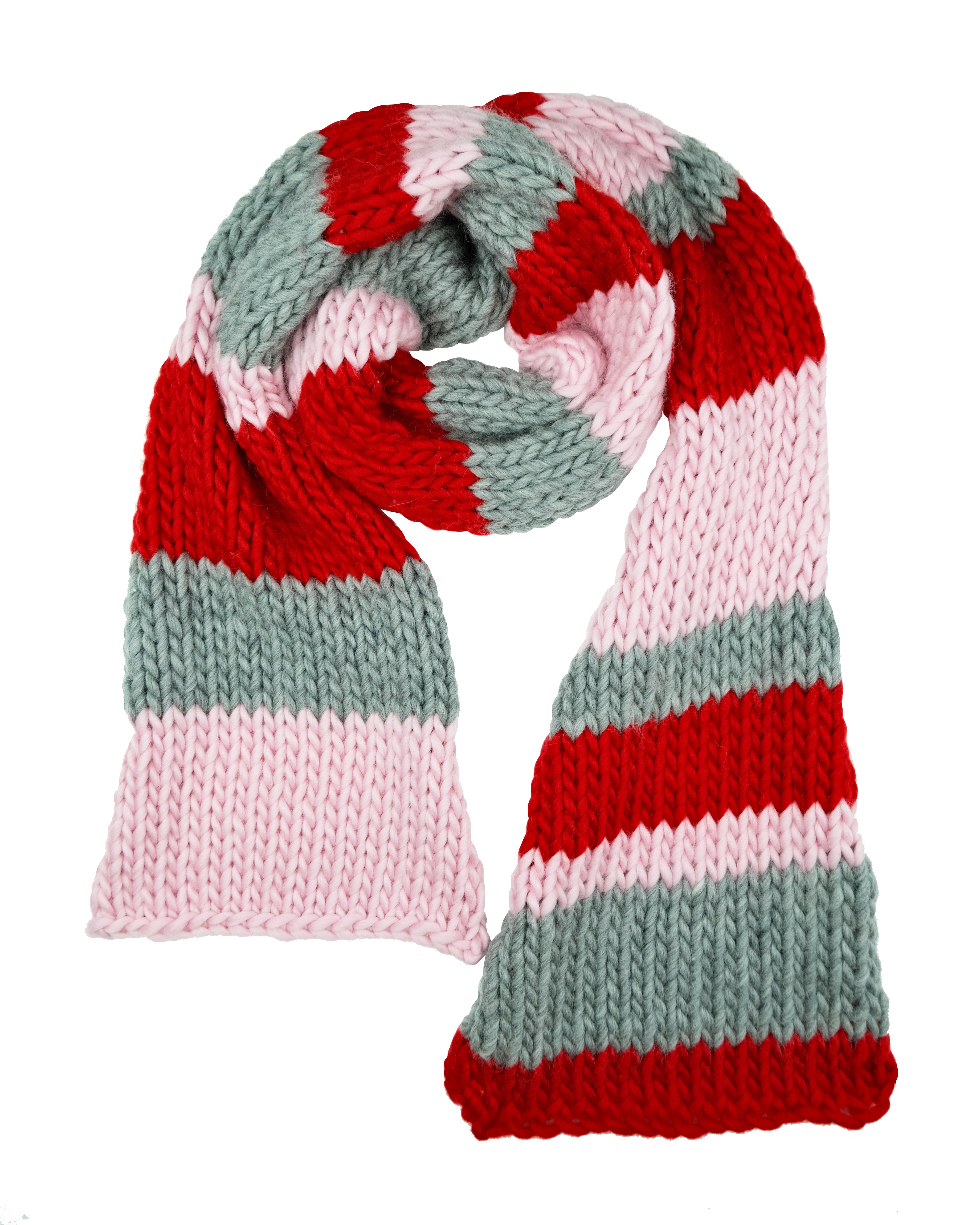 A colorful knitted scarf with red, pink, and grey stripes.