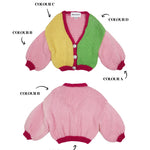 Colourful knitted cardigan with rhinestone buttons on the front