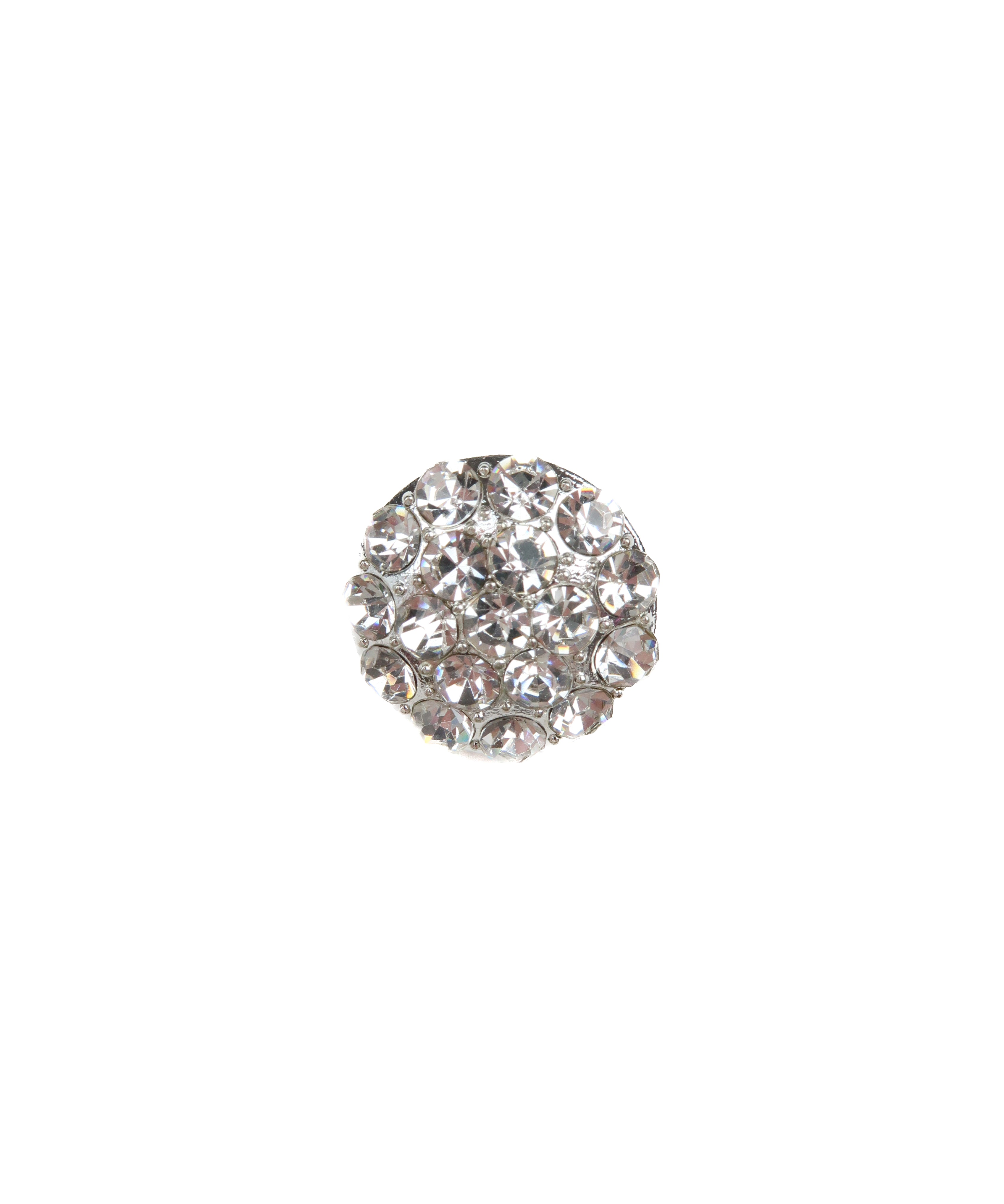 Shiny silver rhinestone button on a clean white surface.