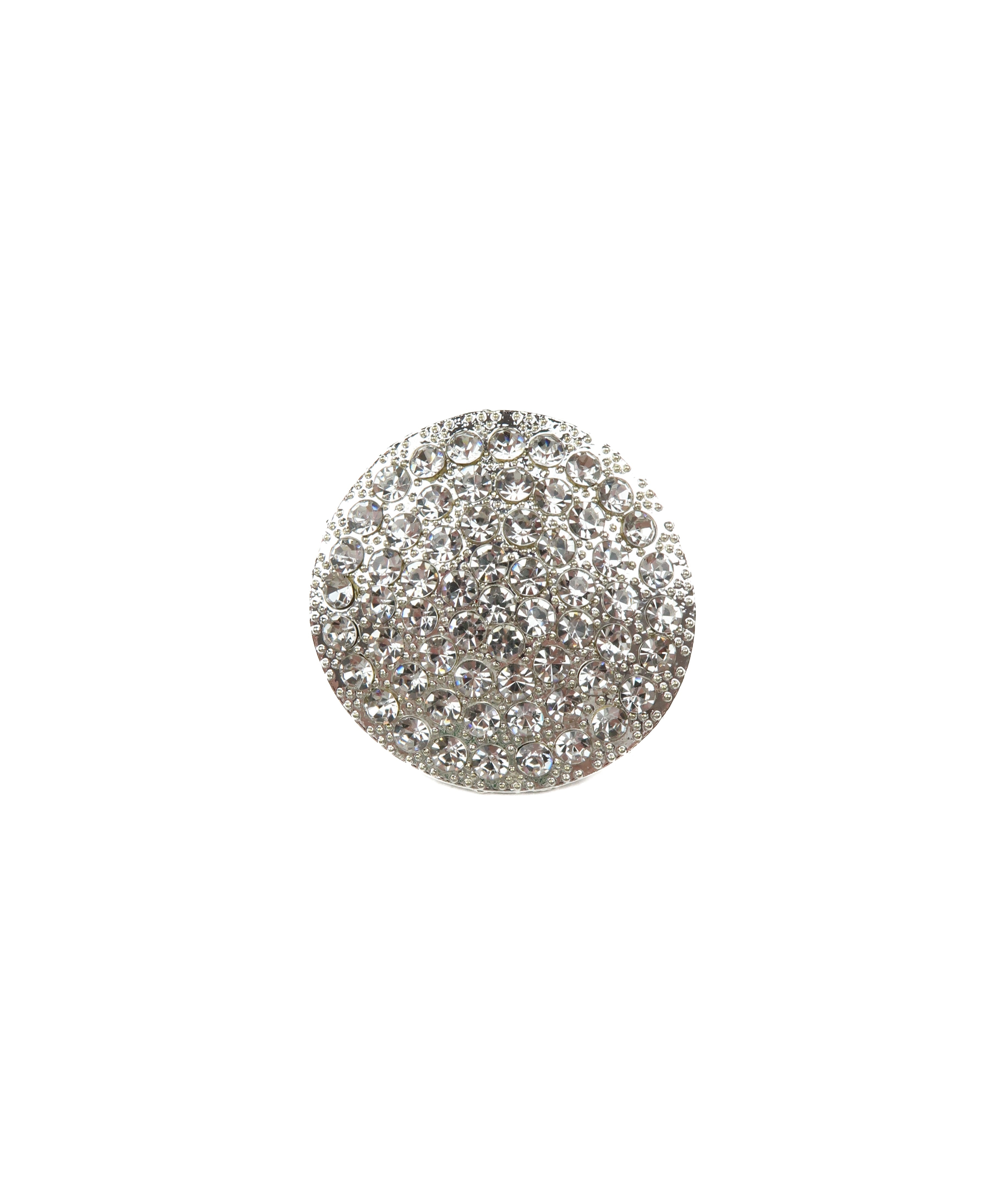 Shiny silver rhinestone button on a clean white surface.